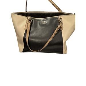 Coach AVA Tote Large Black & Cream Leather with Python Trim 16"x10"